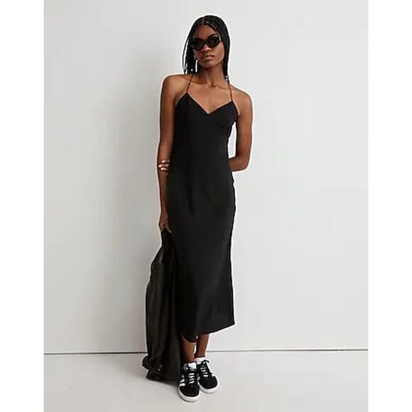 NWT Madewell Women's The Layton Midi Slip Dress Black Sleeveless V-Neck Size 0 - Picture 1 of 13
